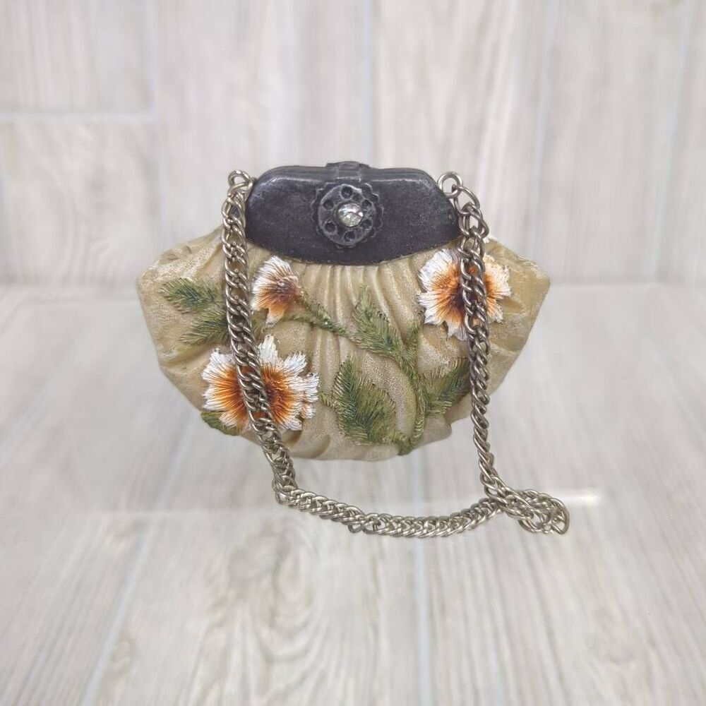 Vintage Ceramic Purse Figurine Floral with Rhinestone and Chain